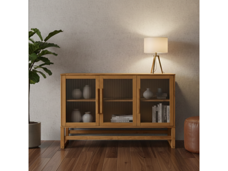 BALCÃO com vidro canelado em cera com toque acetinado natural DE MADEIRA MACIÇA com 3 PORTAS e prateleira interna / coleção Acapulco